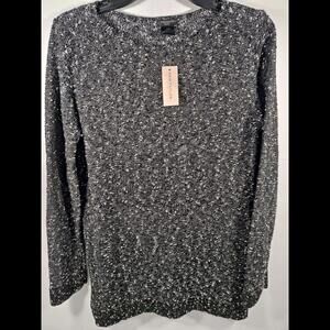 Ann Taylor LP Womens Sweater Petite Large Knit Top Zipper Side Black White Top